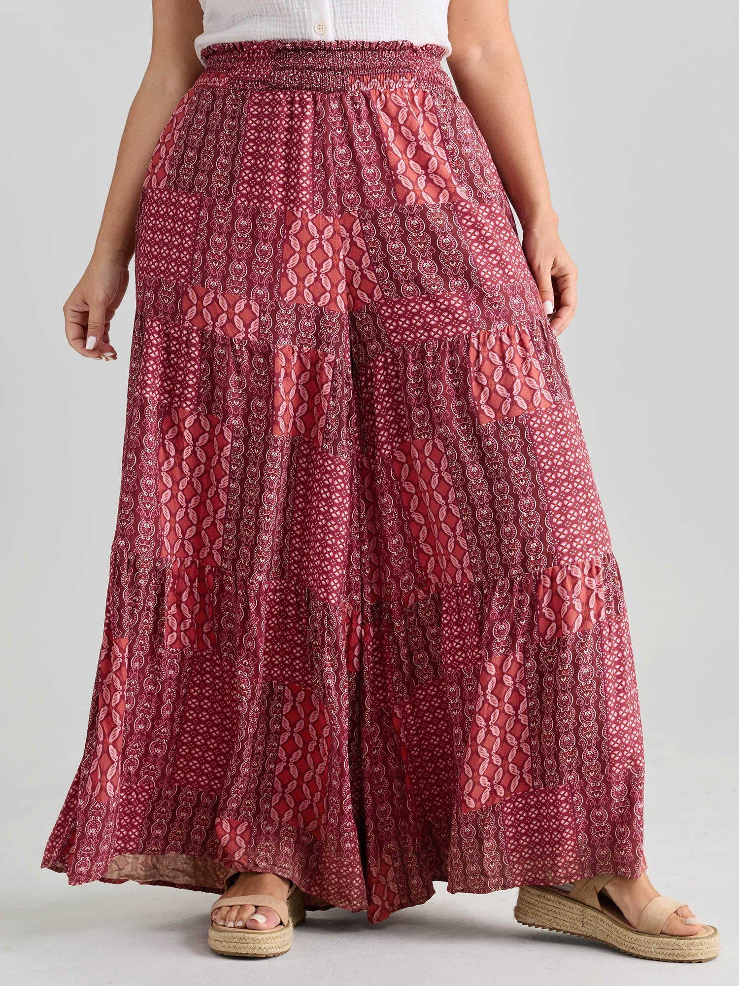 Geometric Print Flared Shirred Waist Pants - Image 2