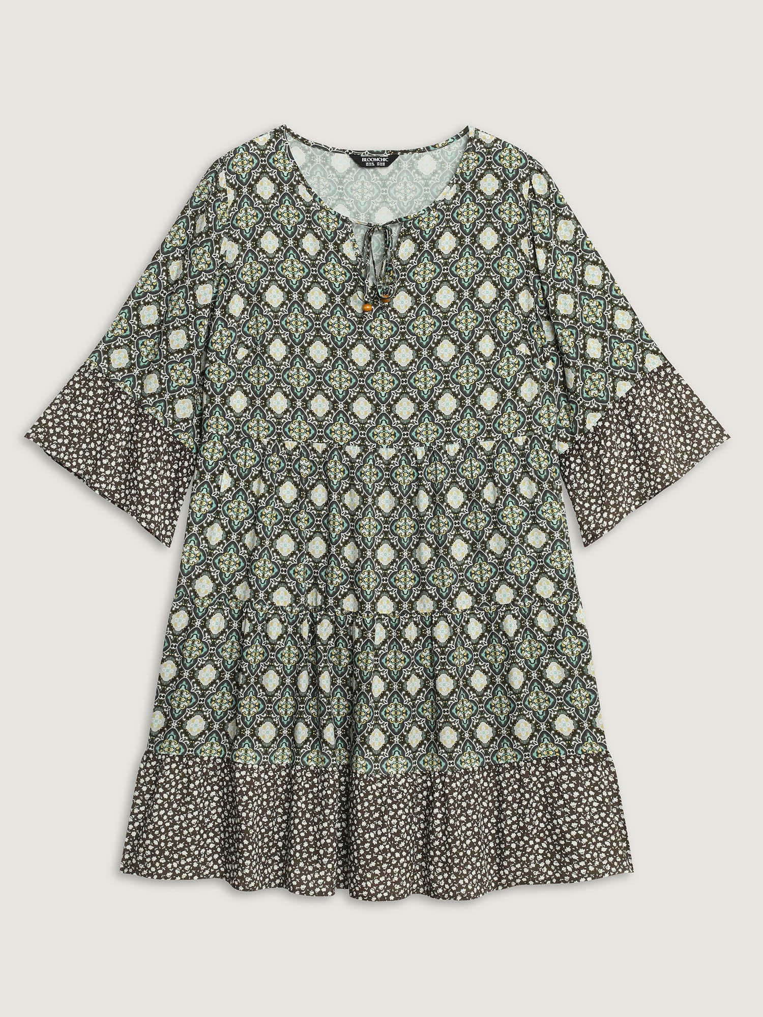 Geometric Print Flared Sleeve Tiered Midi Dress - Image 7