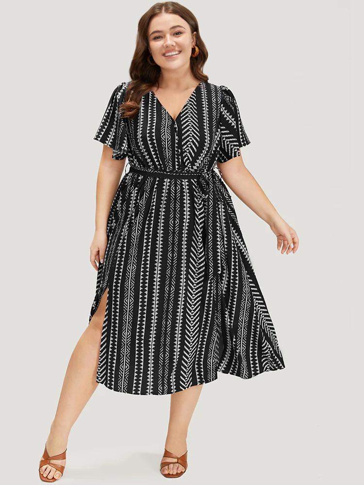 Geometric Print Flutter Sleeve Pocket Wrap Belt Split Dress - Image 2