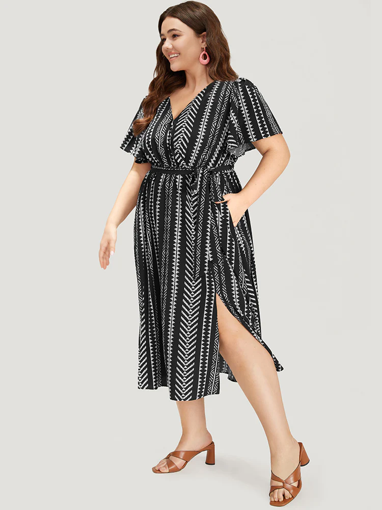 Geometric Print Flutter Sleeve Pocket Wrap Belt Split Dress - Image 3