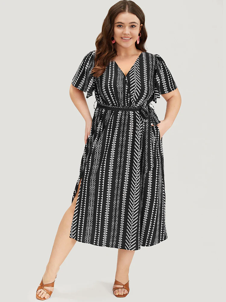 Geometric Print Flutter Sleeve Pocket Wrap Belt Split Dress - Image 4
