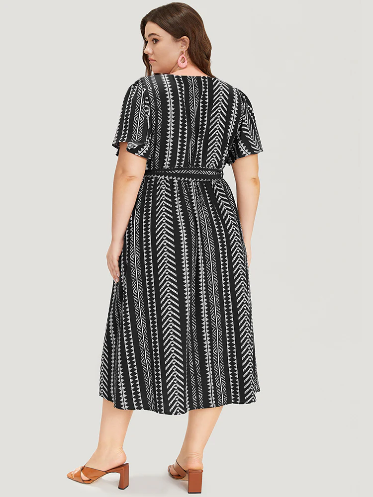 Geometric Print Flutter Sleeve Pocket Wrap Belt Split Dress - Image 5