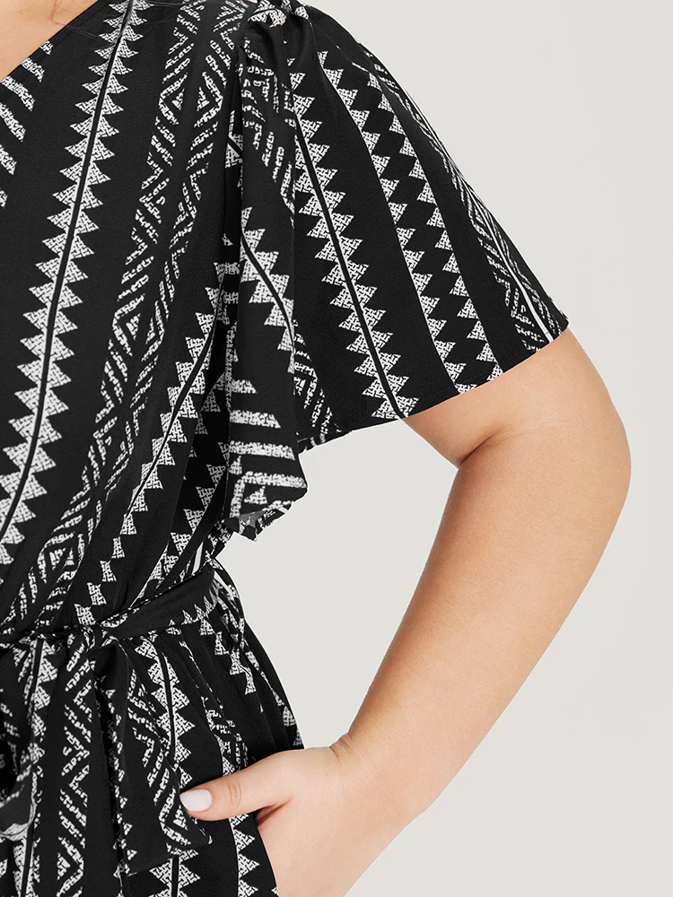 Geometric Print Flutter Sleeve Pocket Wrap Belt Split Dress - Image 6