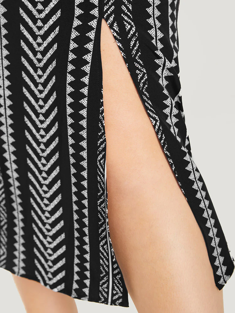 Geometric Print Flutter Sleeve Pocket Wrap Belt Split Dress - Image 7