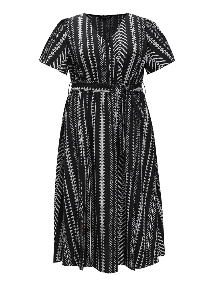 Geometric Print Flutter Sleeve Pocket Wrap Belt Split Dress - Image 9