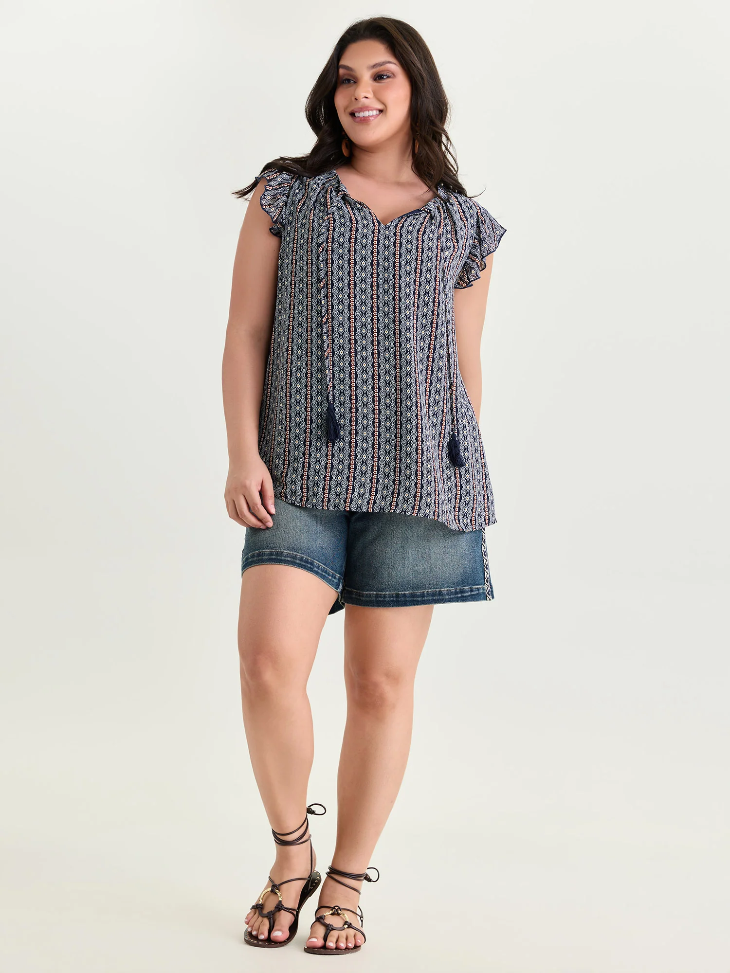 Geometric Print Flutter Sleeve Tassels Blouse - Image 3