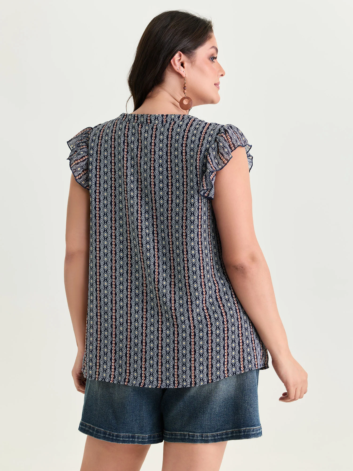 Geometric Print Flutter Sleeve Tassels Blouse - Image 4