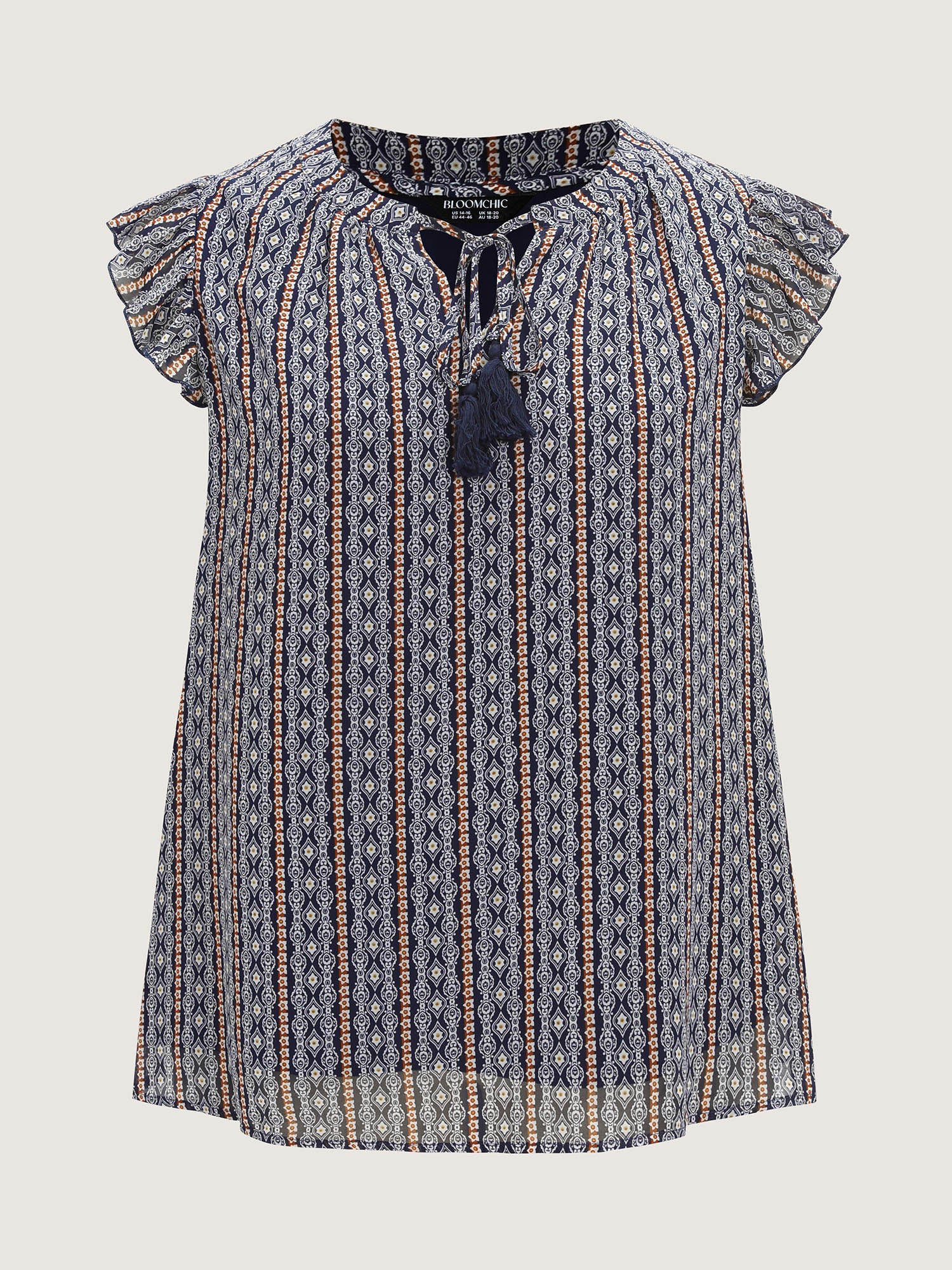 Geometric Print Flutter Sleeve Tassels Blouse - Image 7