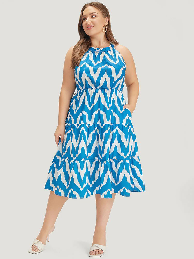 Geometric Print Halter Pocket Ruffle Tiered Dress - Image 2