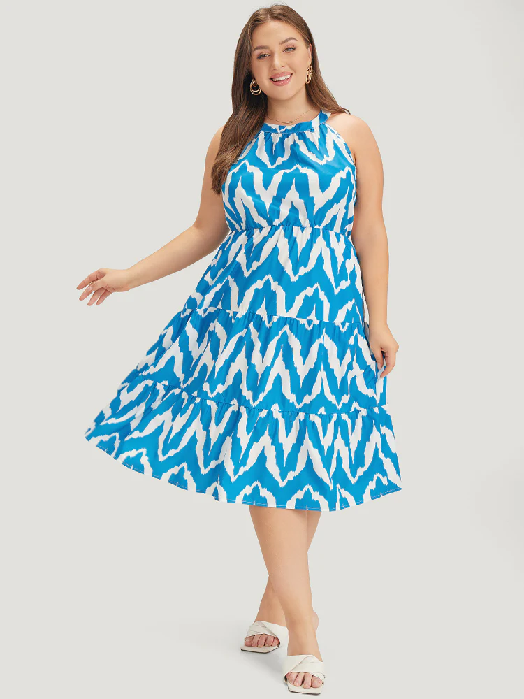 Geometric Print Halter Pocket Ruffle Tiered Dress - Image 3