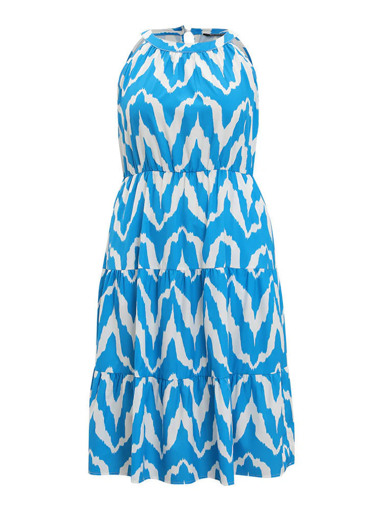 Geometric Print Halter Pocket Ruffle Tiered Dress - Image 9