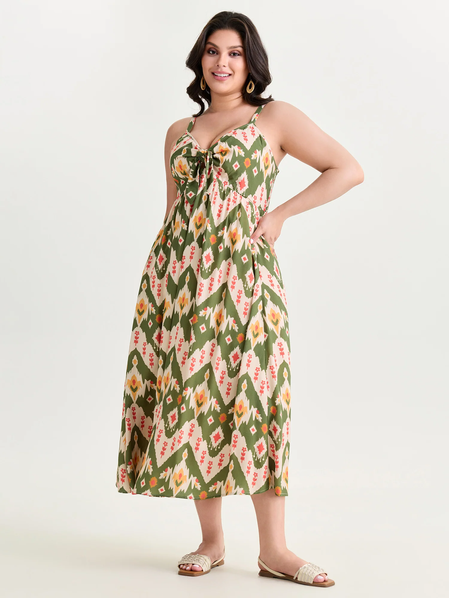 Geometric Print Knotted Front Midi Dress - Image 2