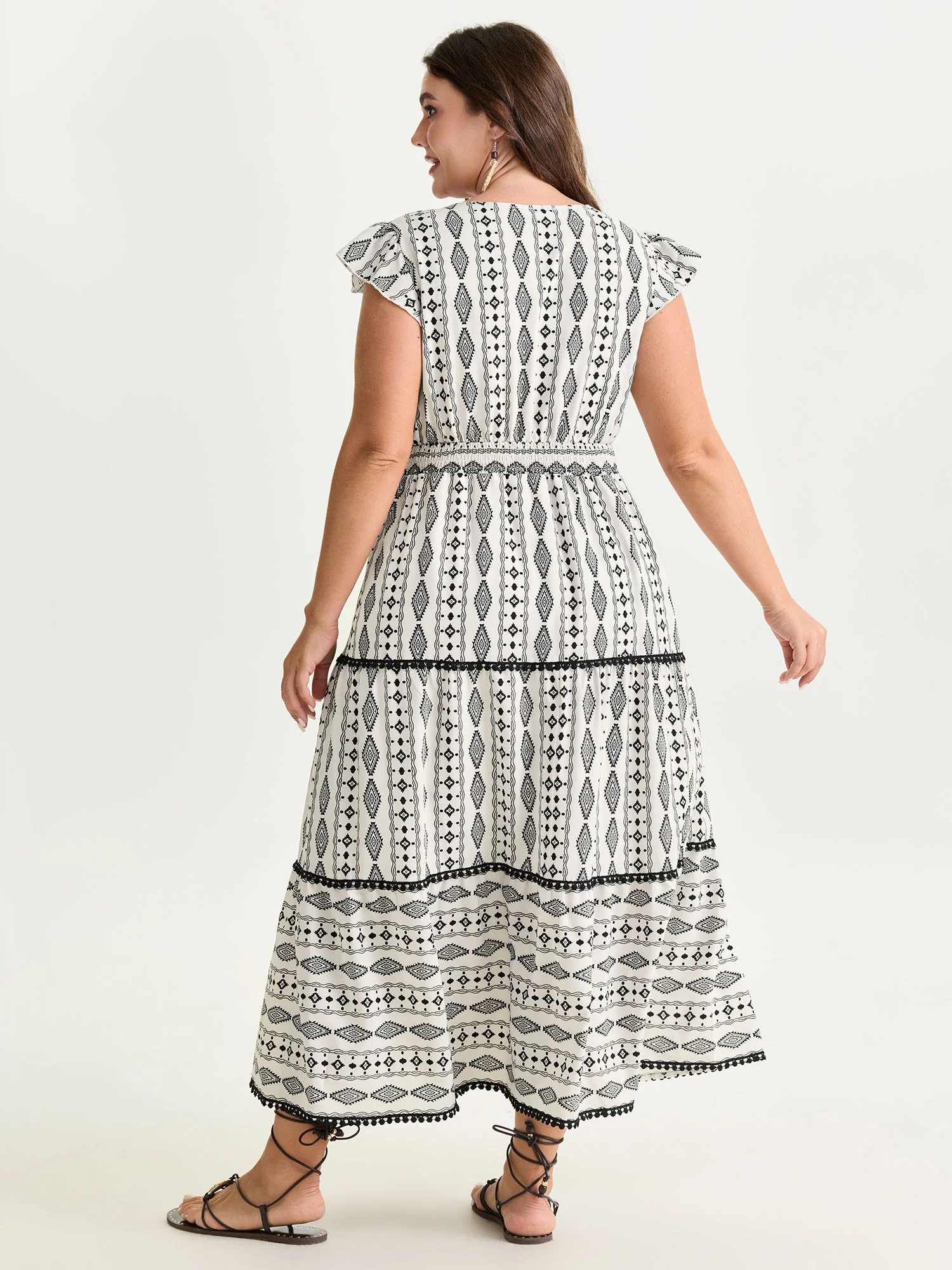 Geometric Print Lace Trim Tiered Maxi Dress - Image 4