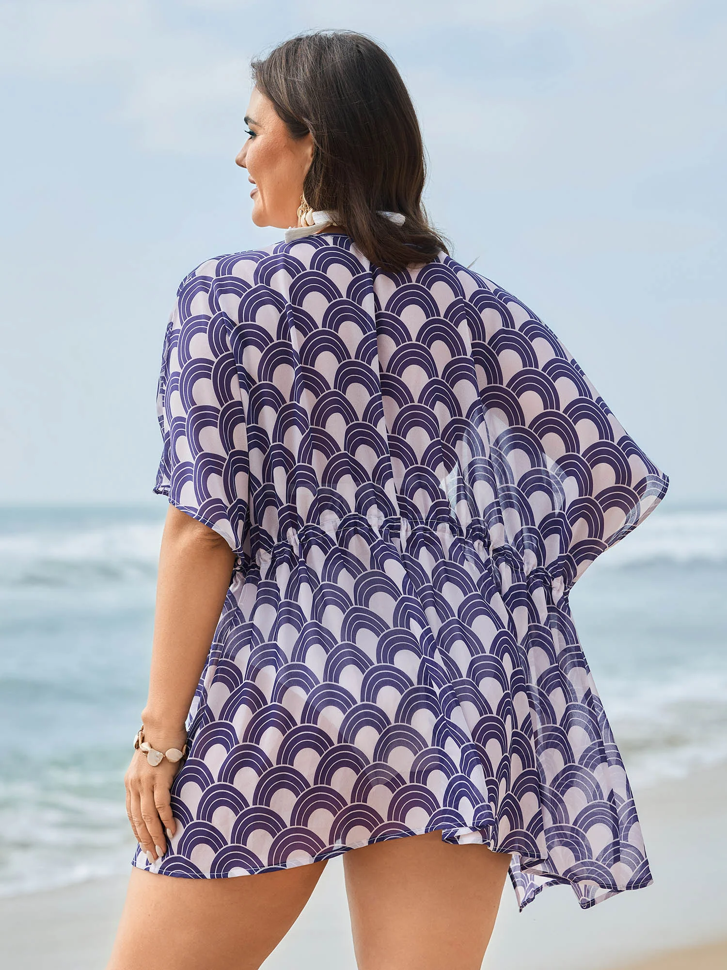 Geometric Print Mesh Drawstring Cover-Up - Image 4