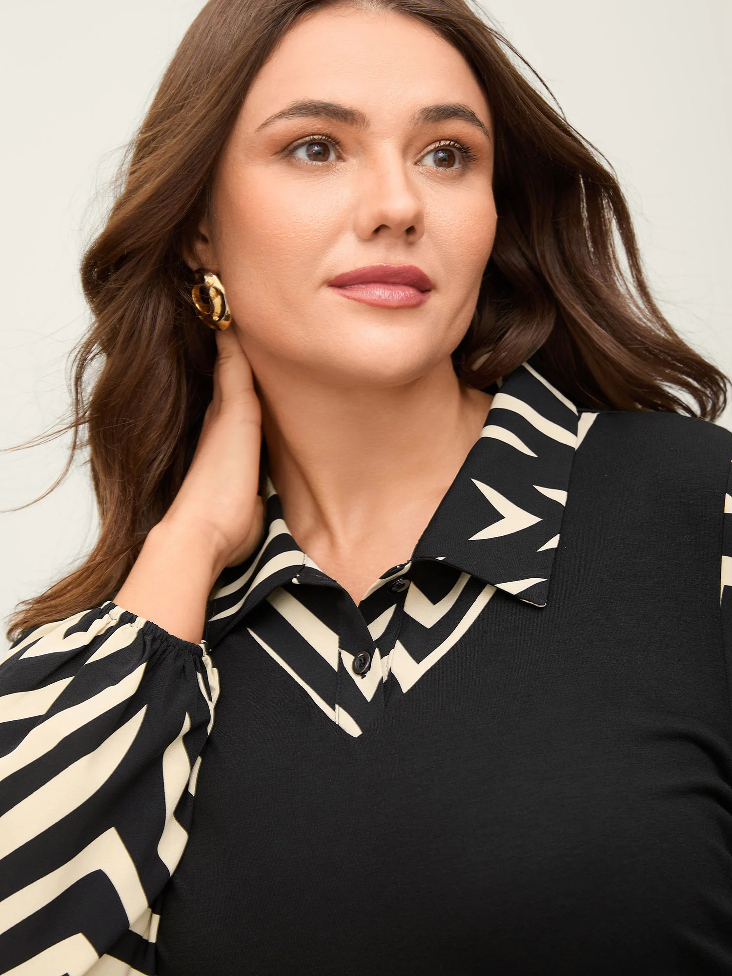 Geometric Print Mixed Material Knit Top - Image 2