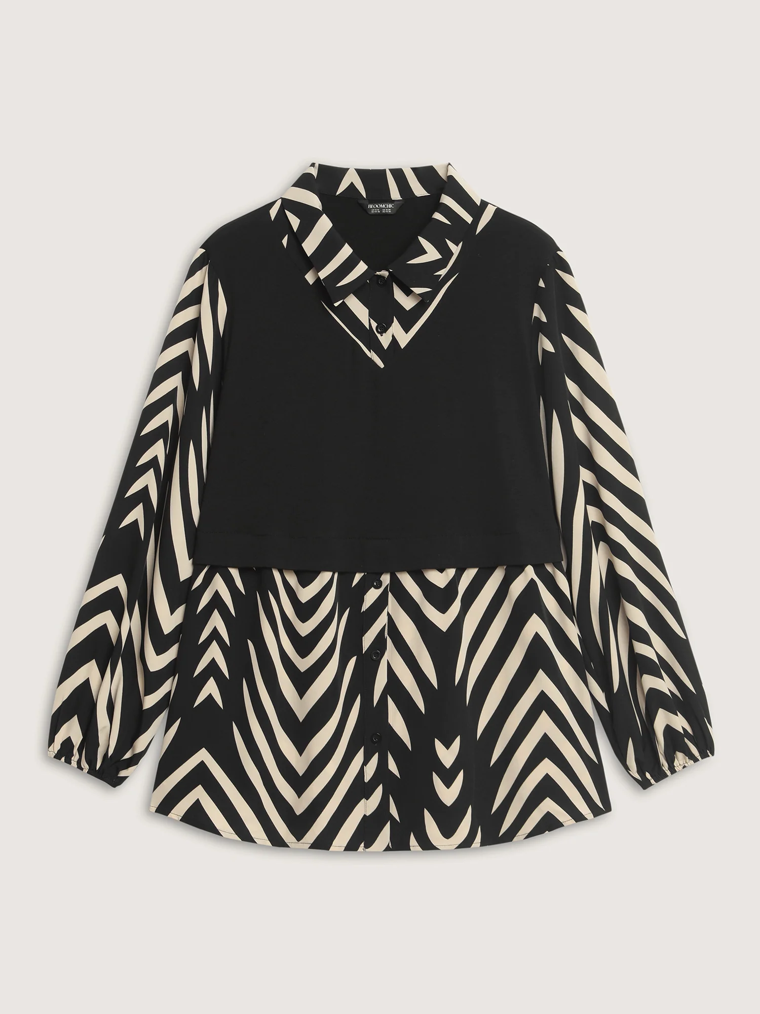 Geometric Print Mixed Material Knit Top - Image 7