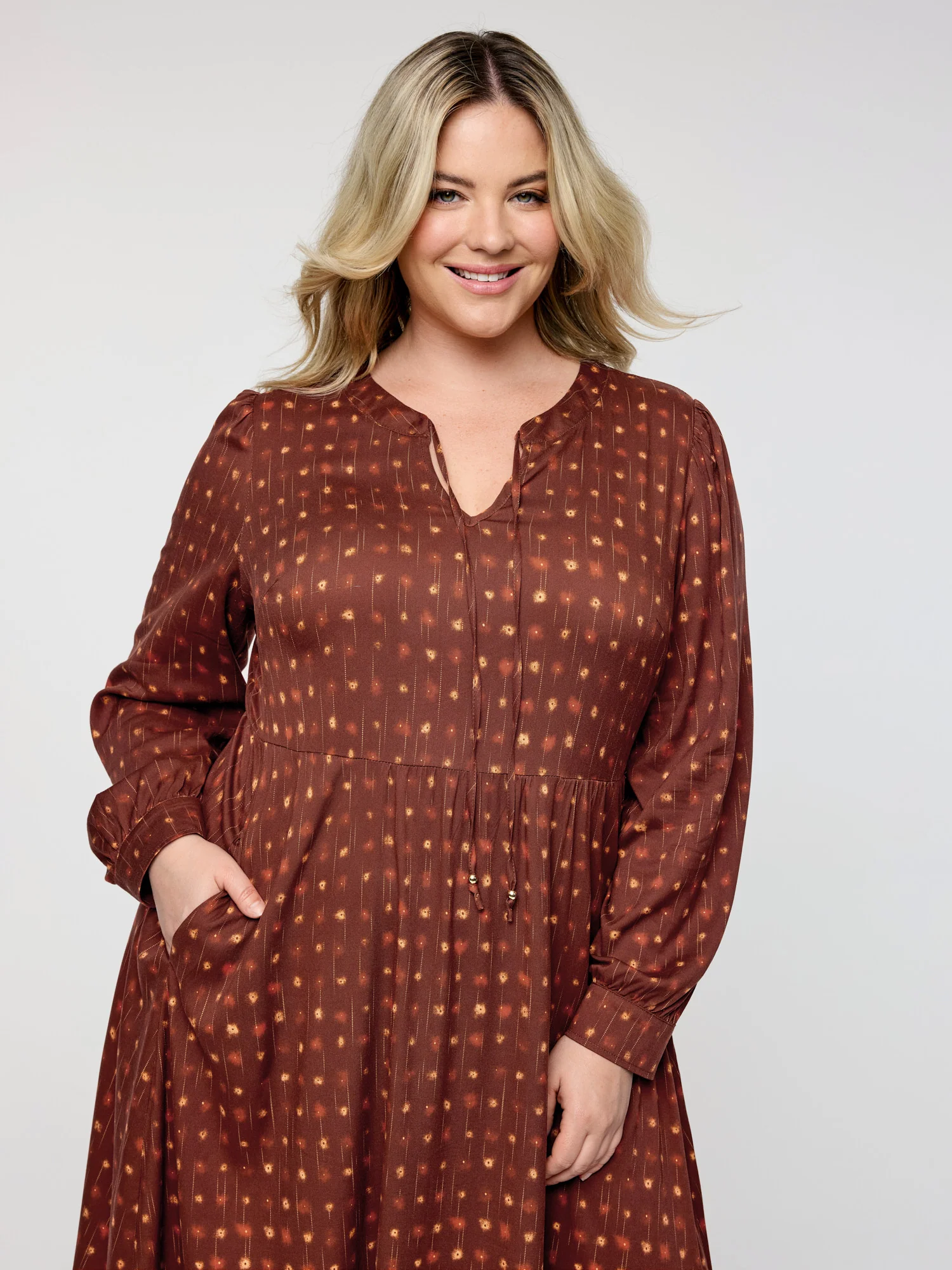 Geometric Print Neck-Tie Pockets Midi Dress - Image 2