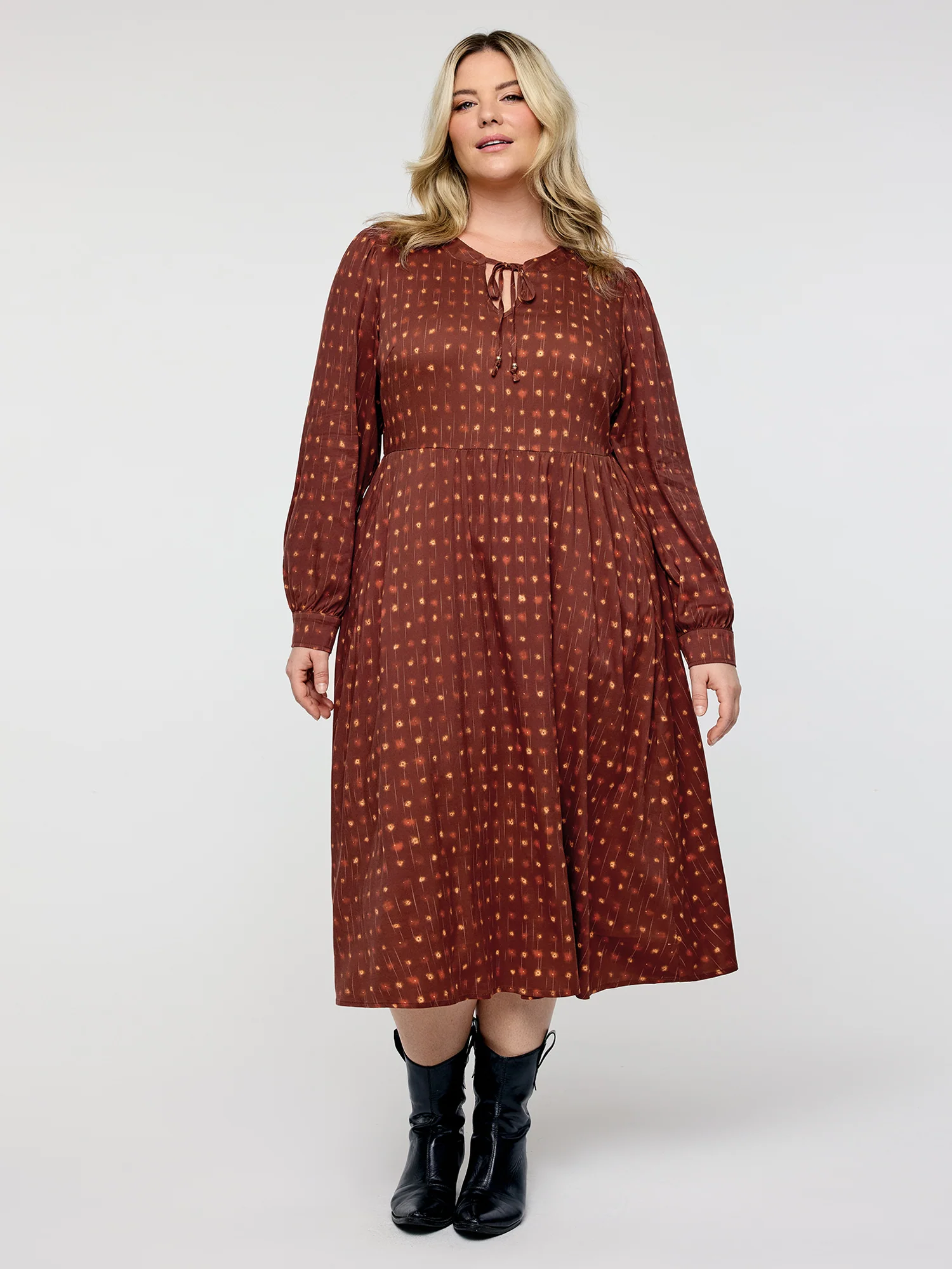 Geometric Print Neck-Tie Pockets Midi Dress - Image 3