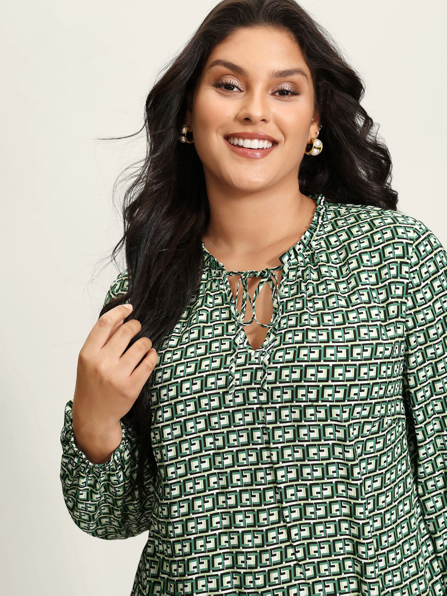 Geometric Print Neck-Tie Relaxed-Fit Blouse - Image 2