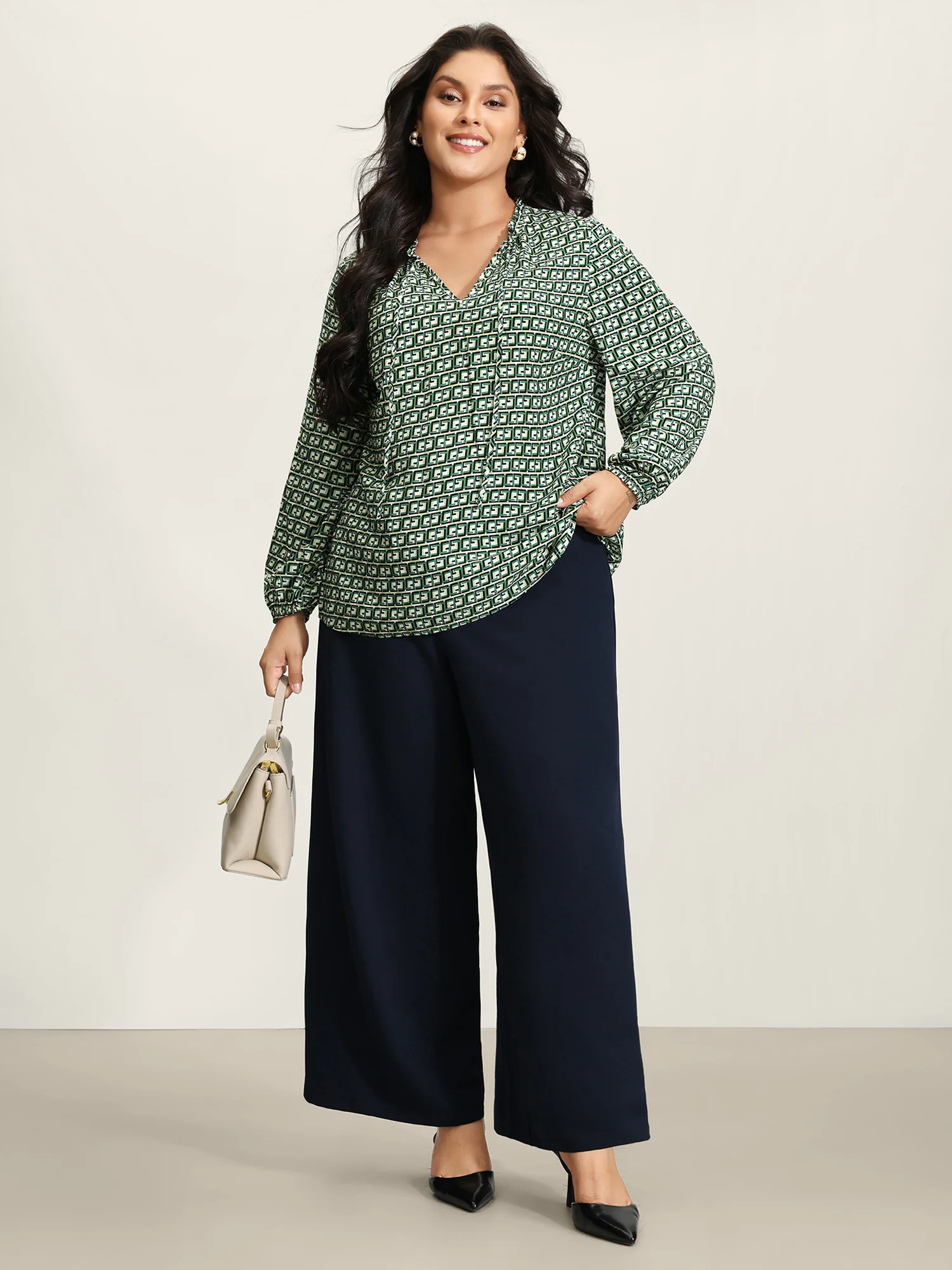 Geometric Print Neck-Tie Relaxed-Fit Blouse - Image 3
