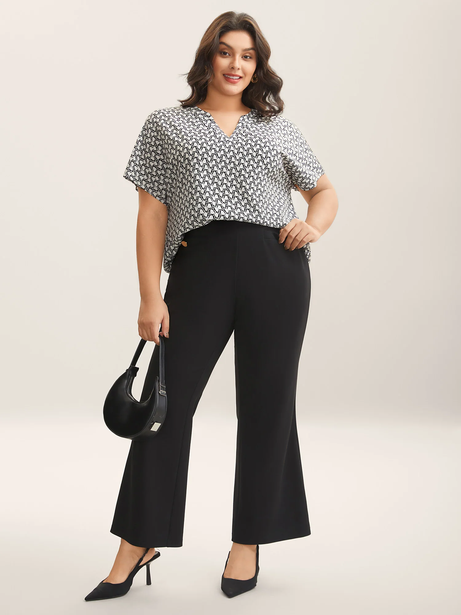 Geometric Print Notched Collar Blouse - Image 3
