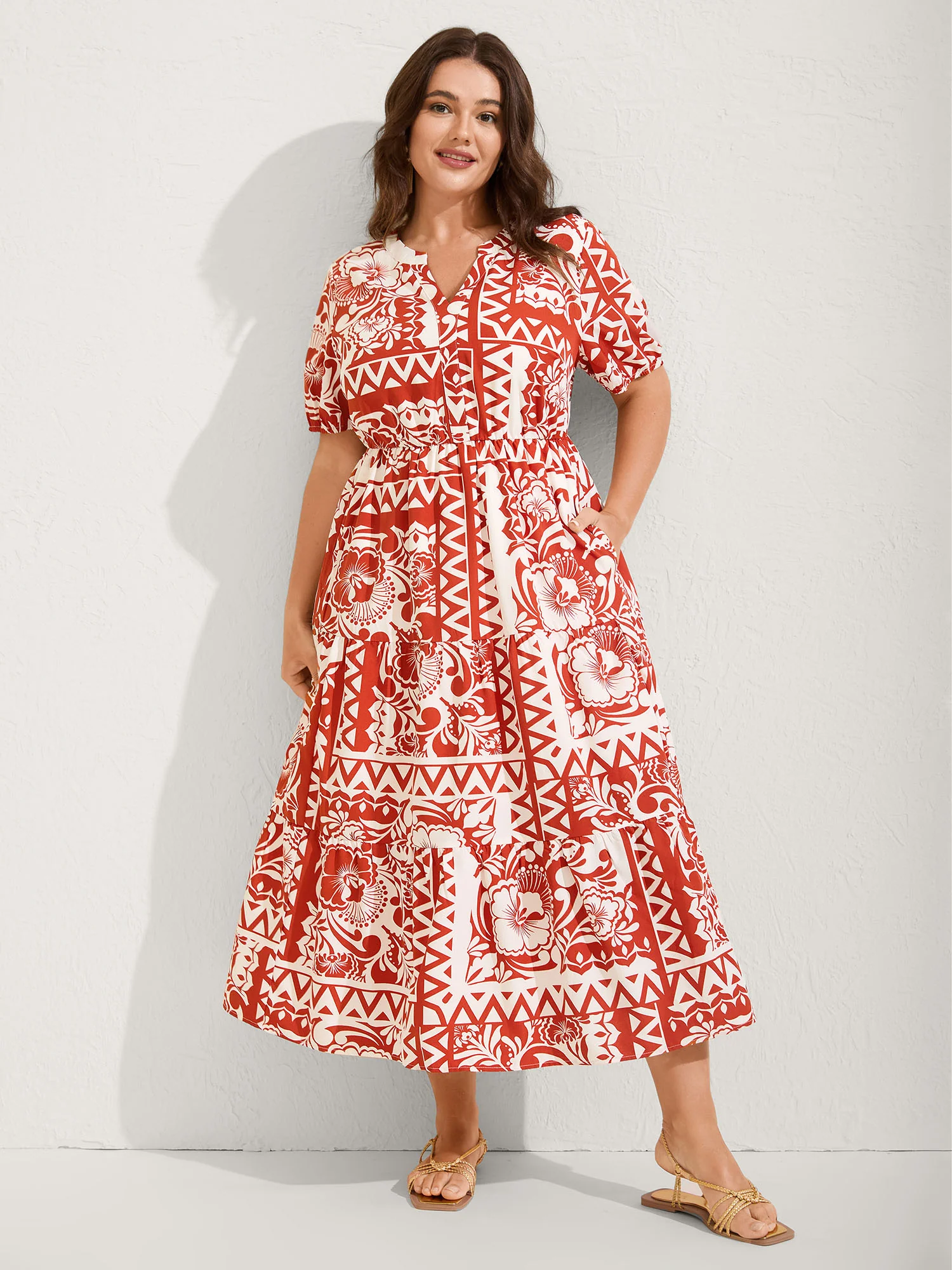 Geometric Print Notched Collar Midi Dress - Image 3