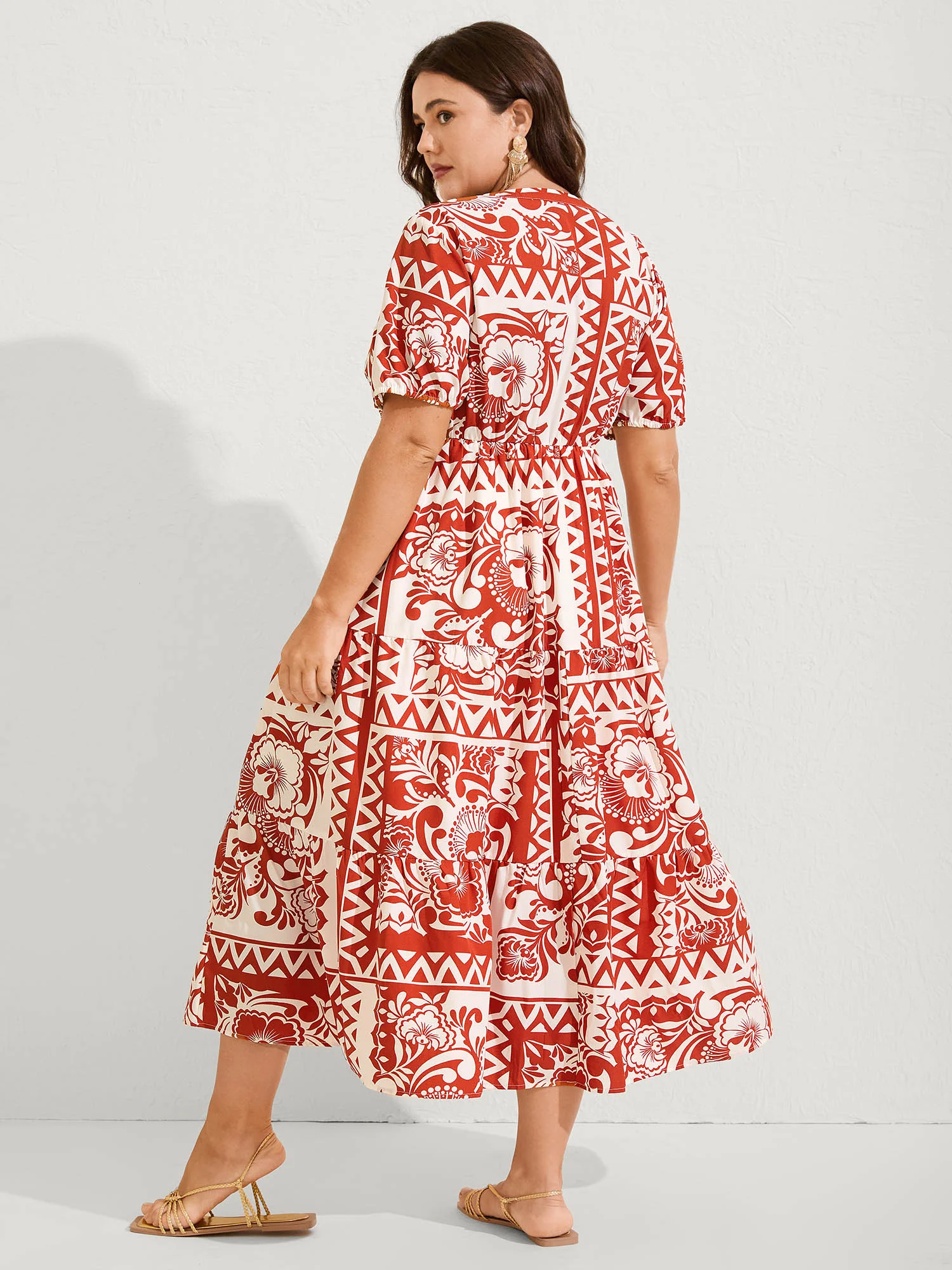Geometric Print Notched Collar Midi Dress - Image 4