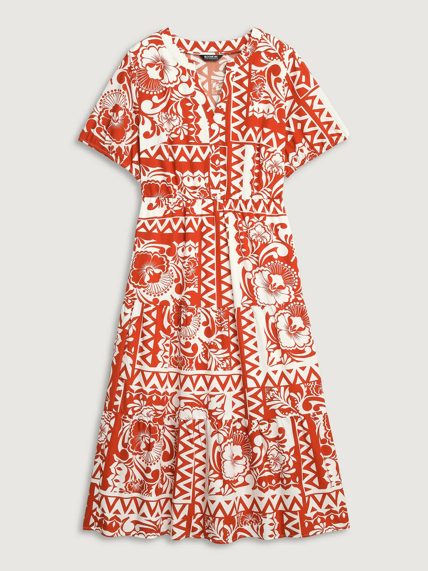 Geometric Print Notched Collar Midi Dress - Image 7