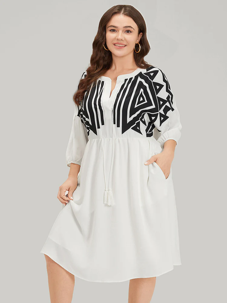 Geometric Print Notched Ties Tassels Elastic Cuffs Dress - Image 7