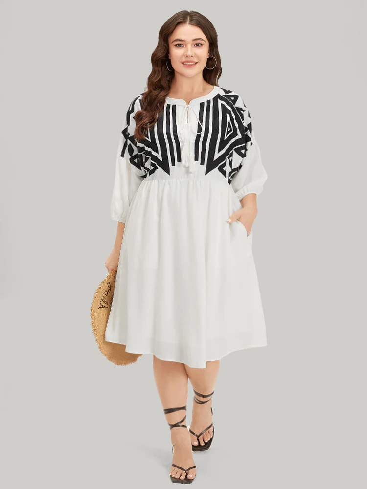 Geometric Print Notched Ties Tassels Elastic Cuffs Dress - Image 8