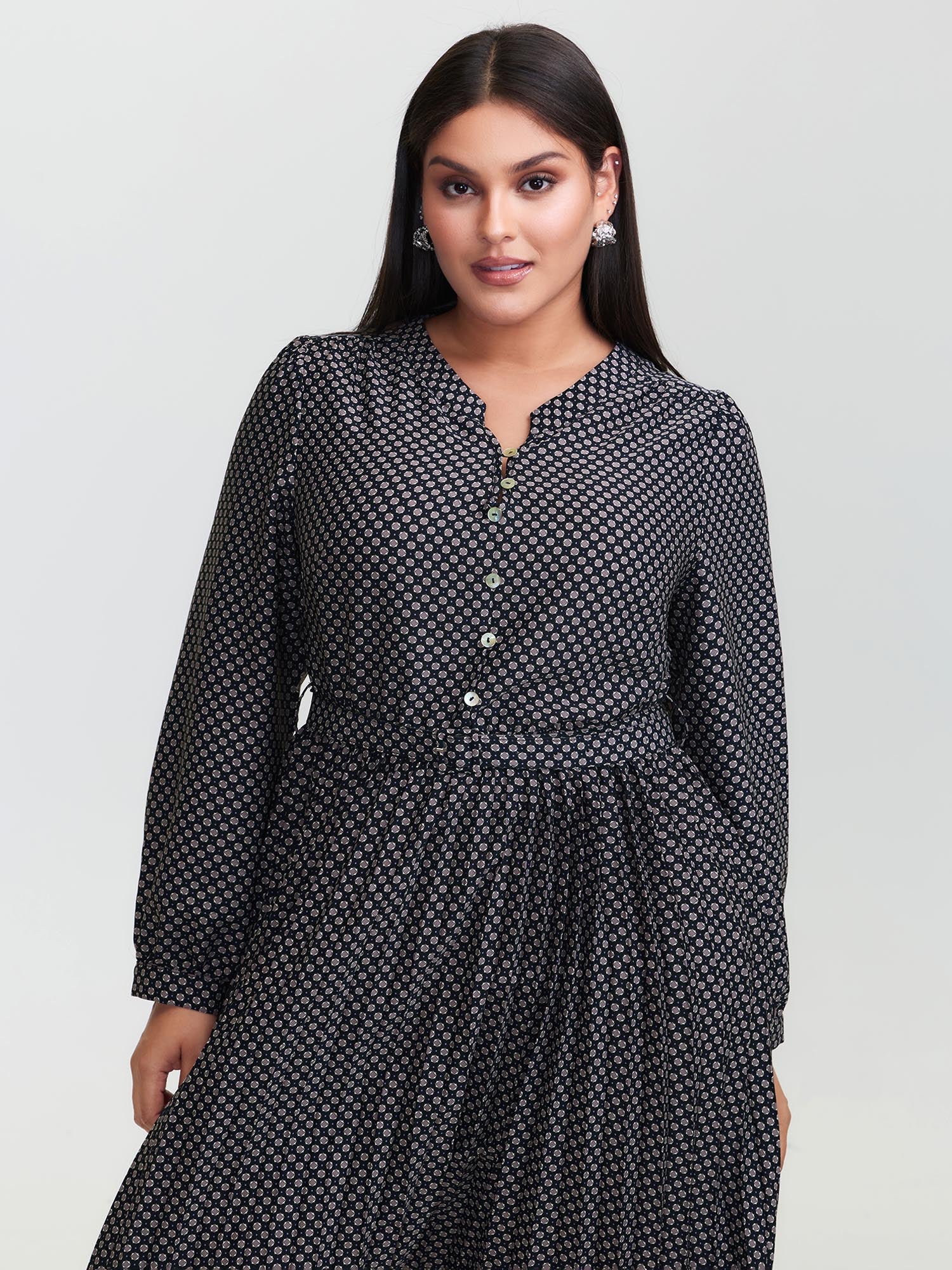 Geometric Print Pleated Notched Collar Midi Dress - Image 2