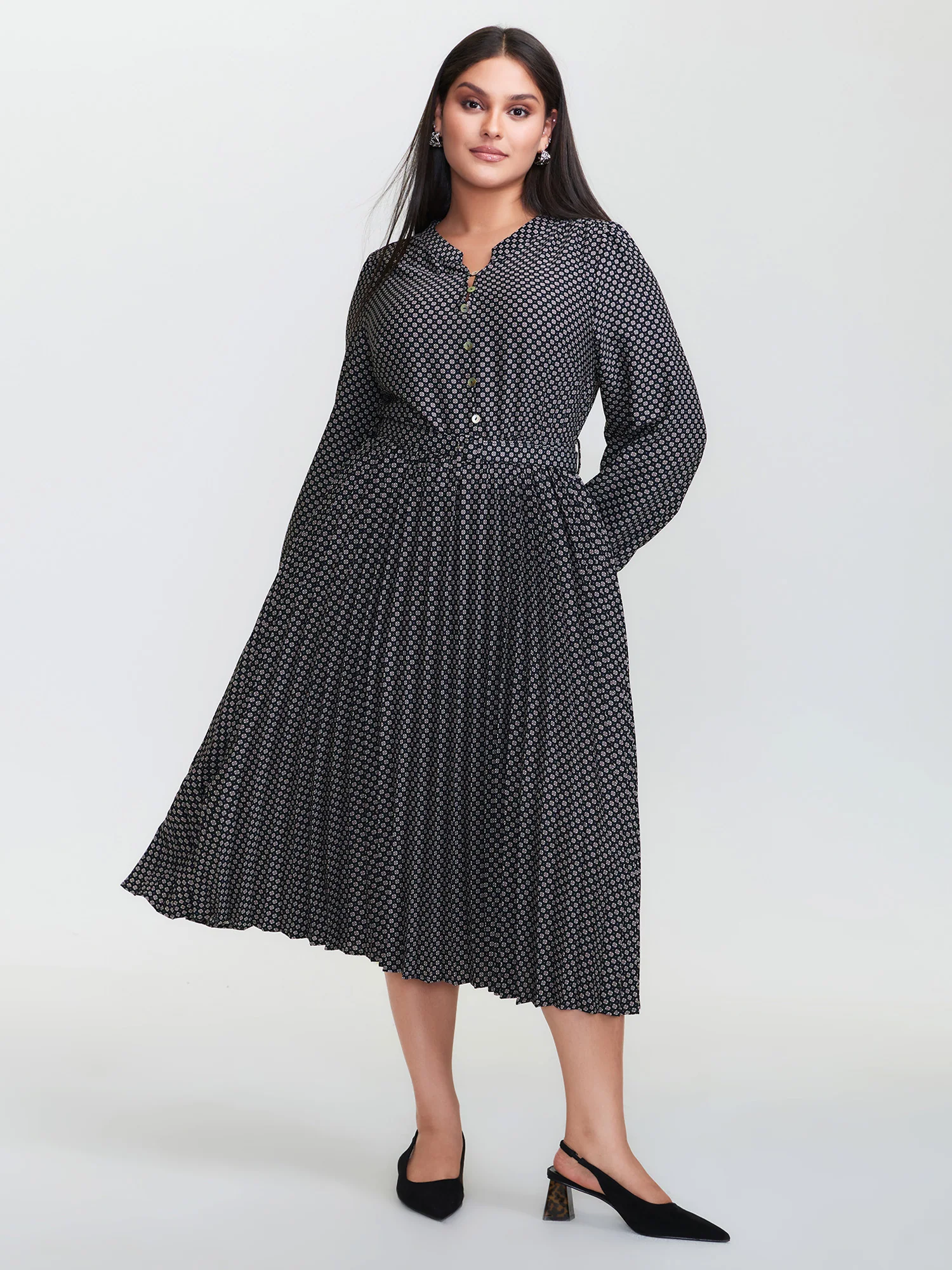 Geometric Print Pleated Notched Collar Midi Dress - Image 3