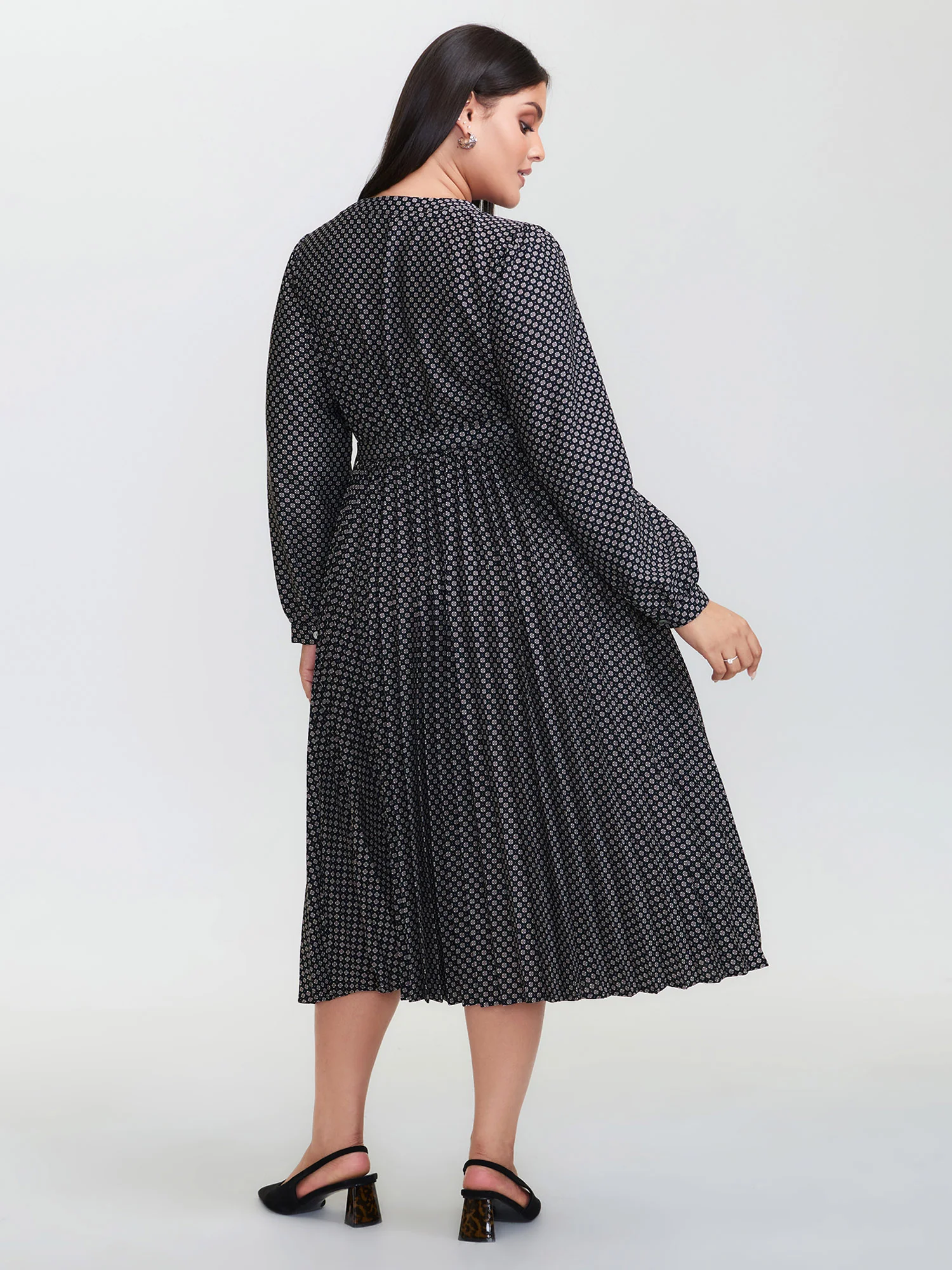 Geometric Print Pleated Notched Collar Midi Dress - Image 4