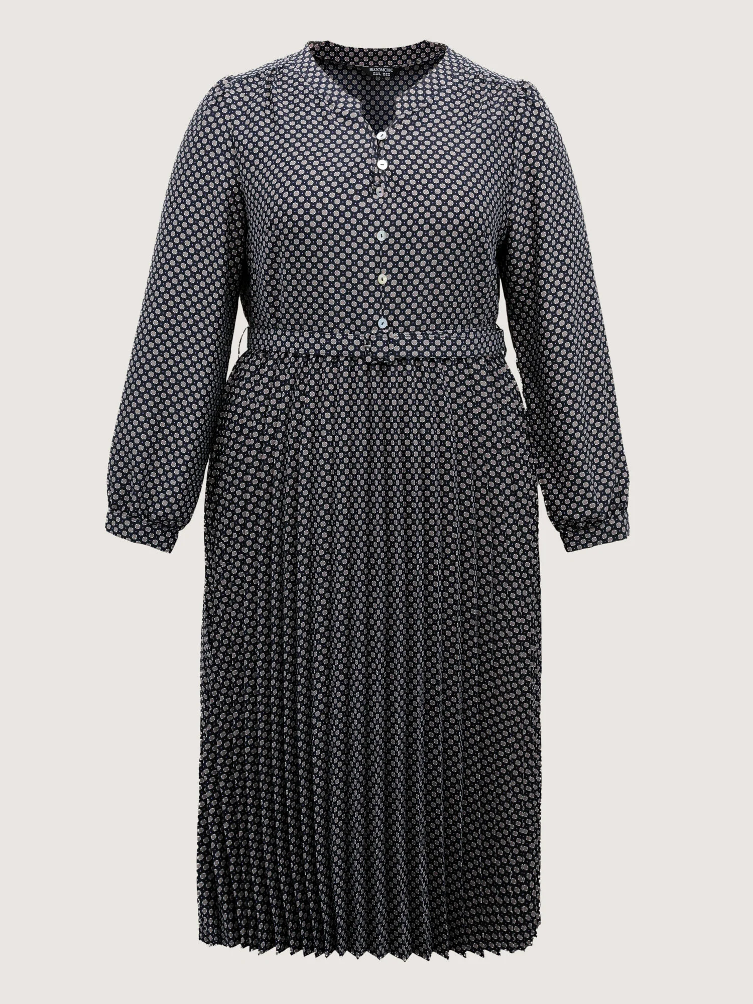 Geometric Print Pleated Notched Collar Midi Dress - Image 7