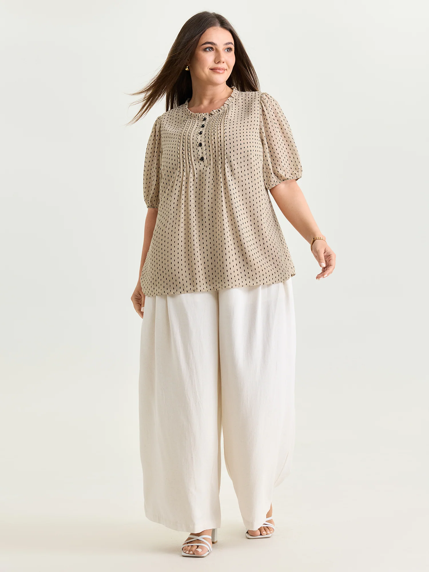 Geometric Print Pleated Ruffled Neck Blouse - Image 3