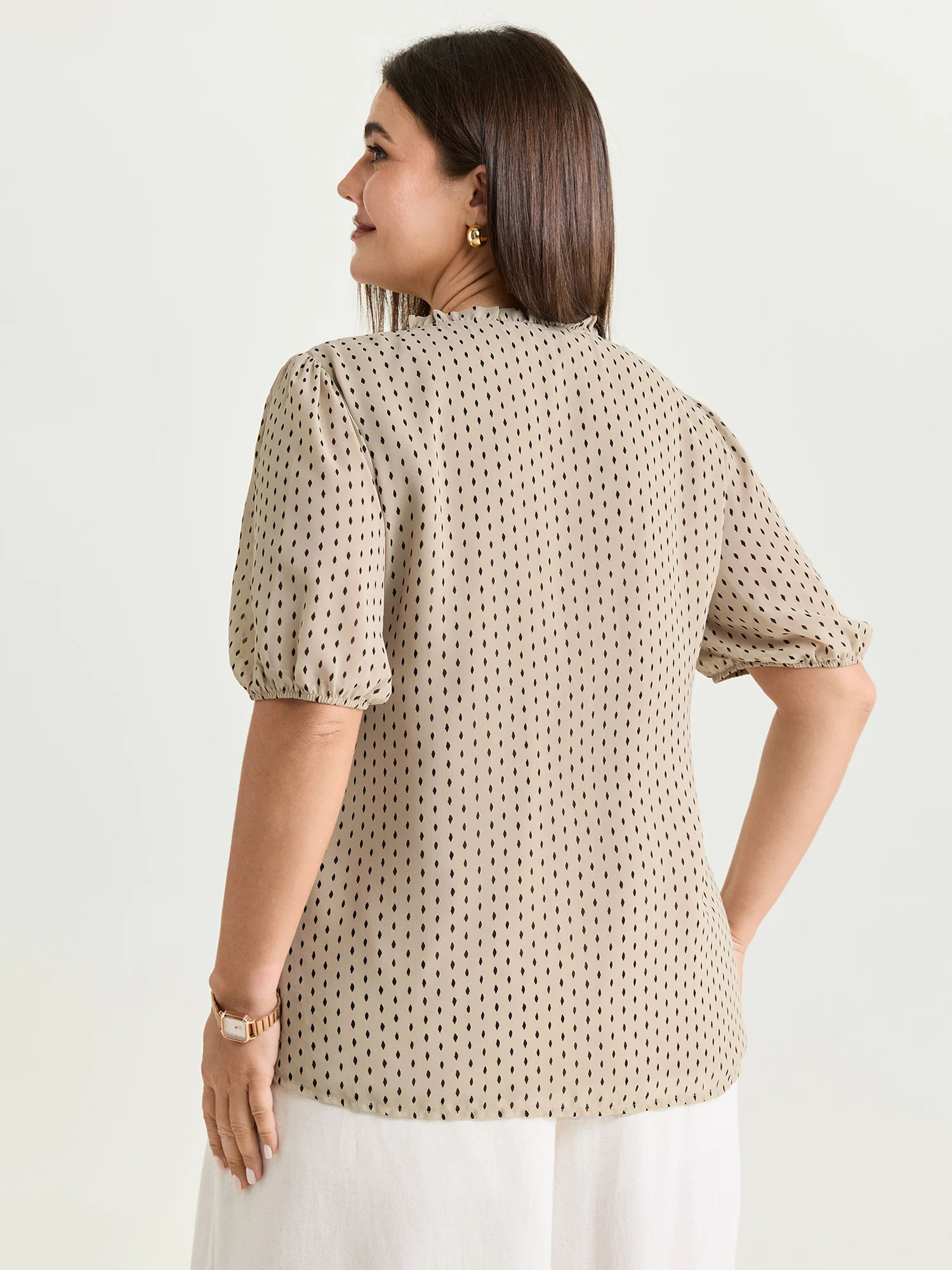 Geometric Print Pleated Ruffled Neck Blouse - Image 4