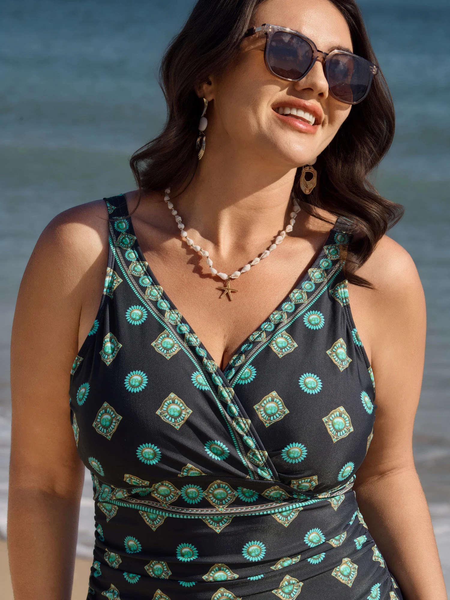 Geometric Print Pleated Tummy-Control One-Piece Swimsuit - Image 3