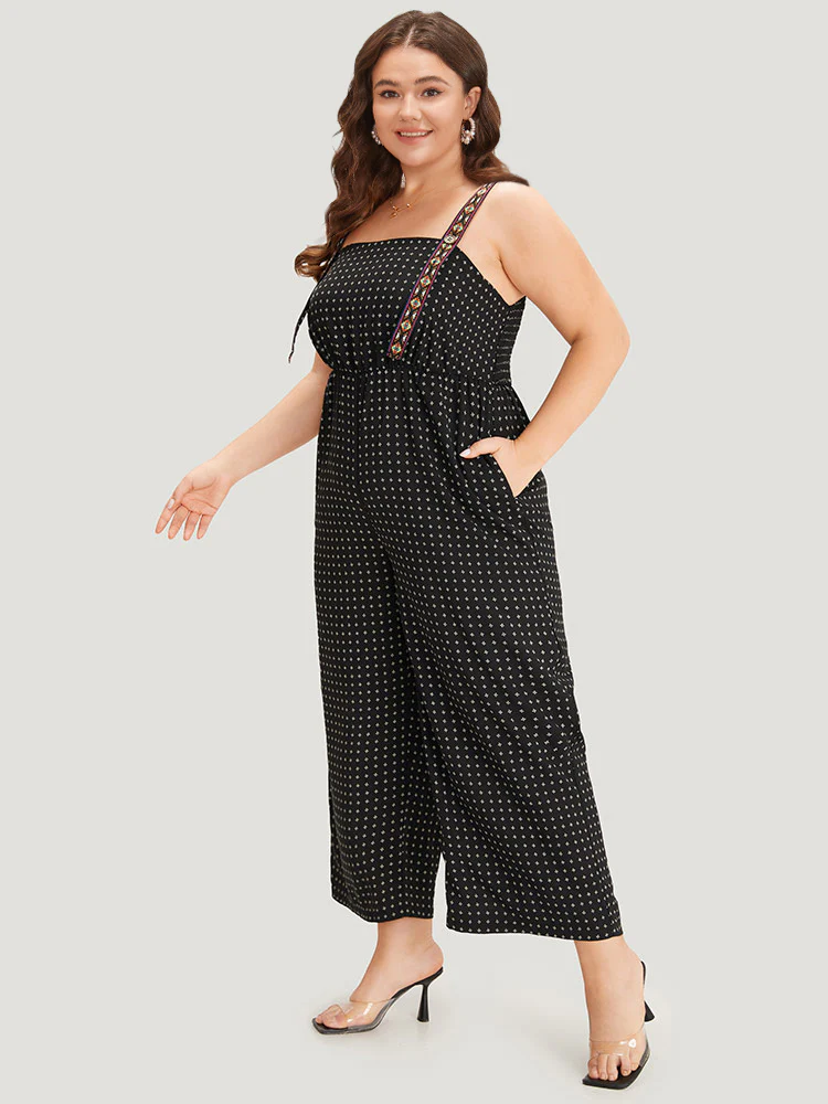 Geometric Print Pocket Button Elastic Waist Cami Jumpsuit - Image 3