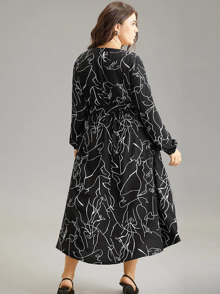 Geometric Print Pocket Notched Belted Dress - Image 2