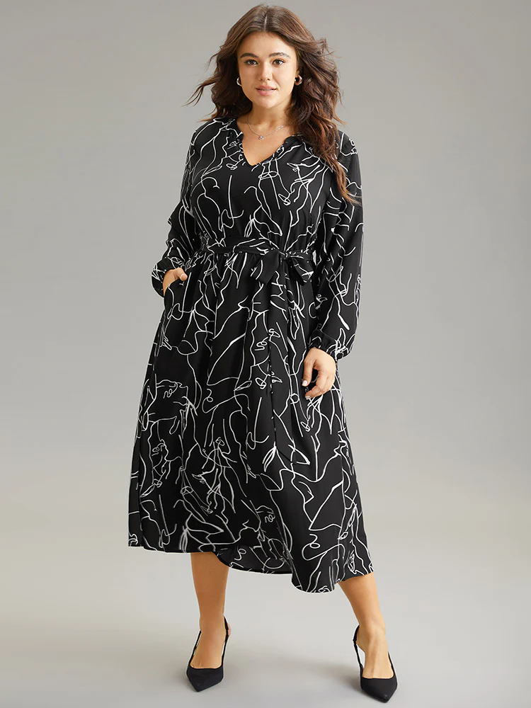 Geometric Print Pocket Notched Belted Dress - Image 3