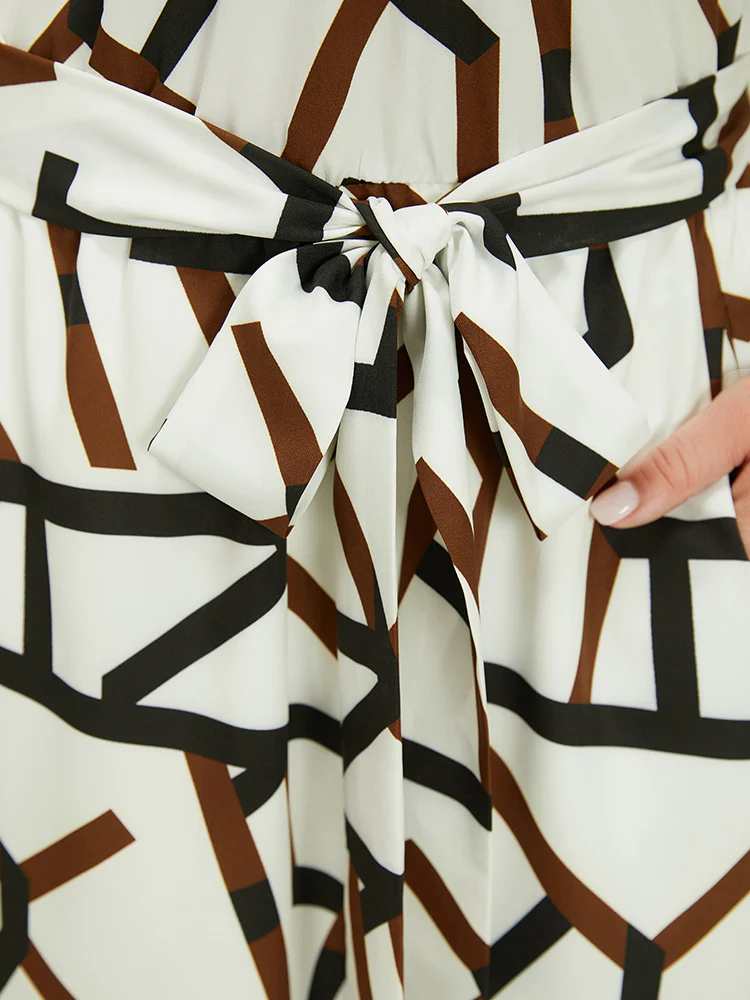 Geometric Print Pocket Ruffles Keyhole Neck Dress - Image 10