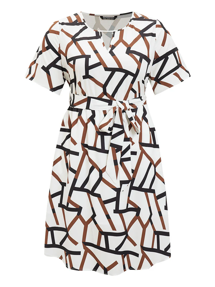 Geometric Print Pocket Ruffles Keyhole Neck Dress - Image 11