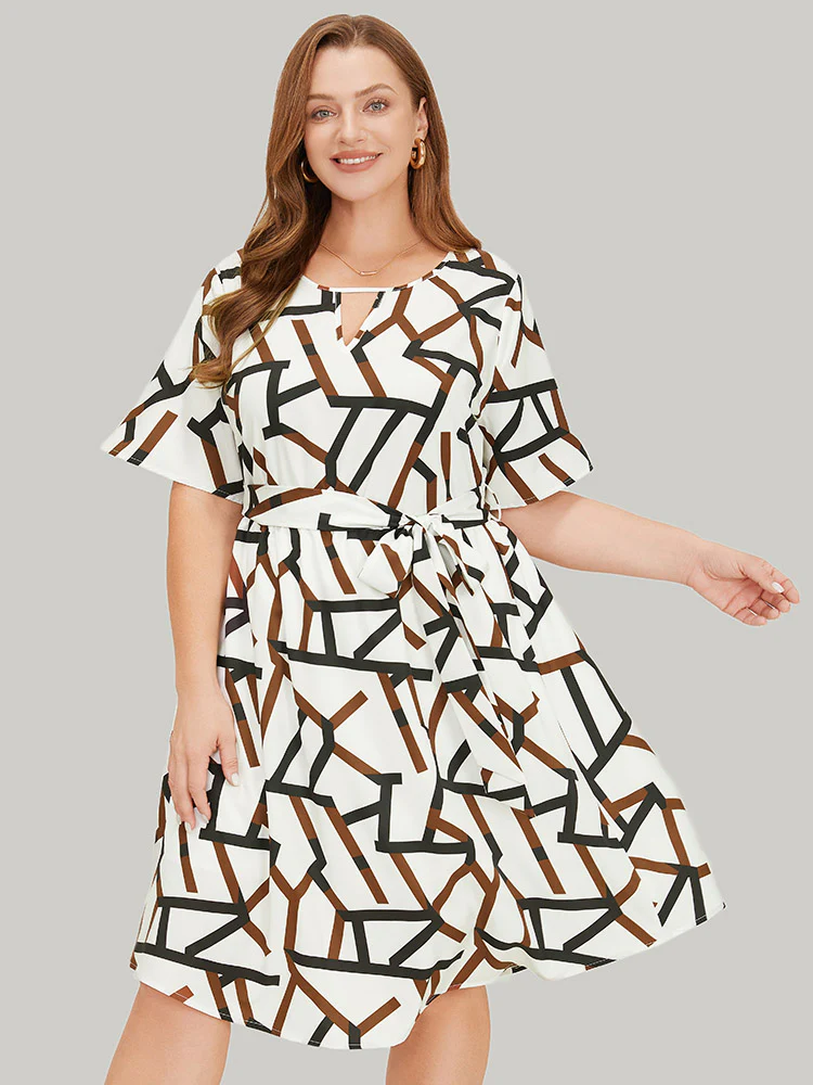 Geometric Print Pocket Ruffles Keyhole Neck Dress - Image 4