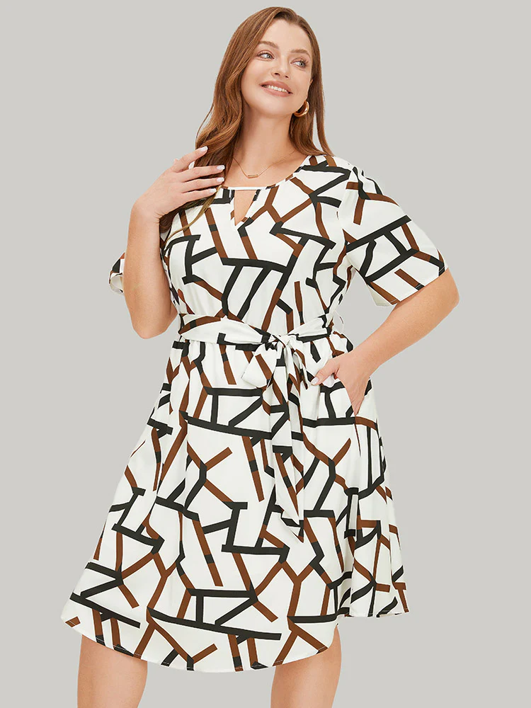 Geometric Print Pocket Ruffles Keyhole Neck Dress - Image 5