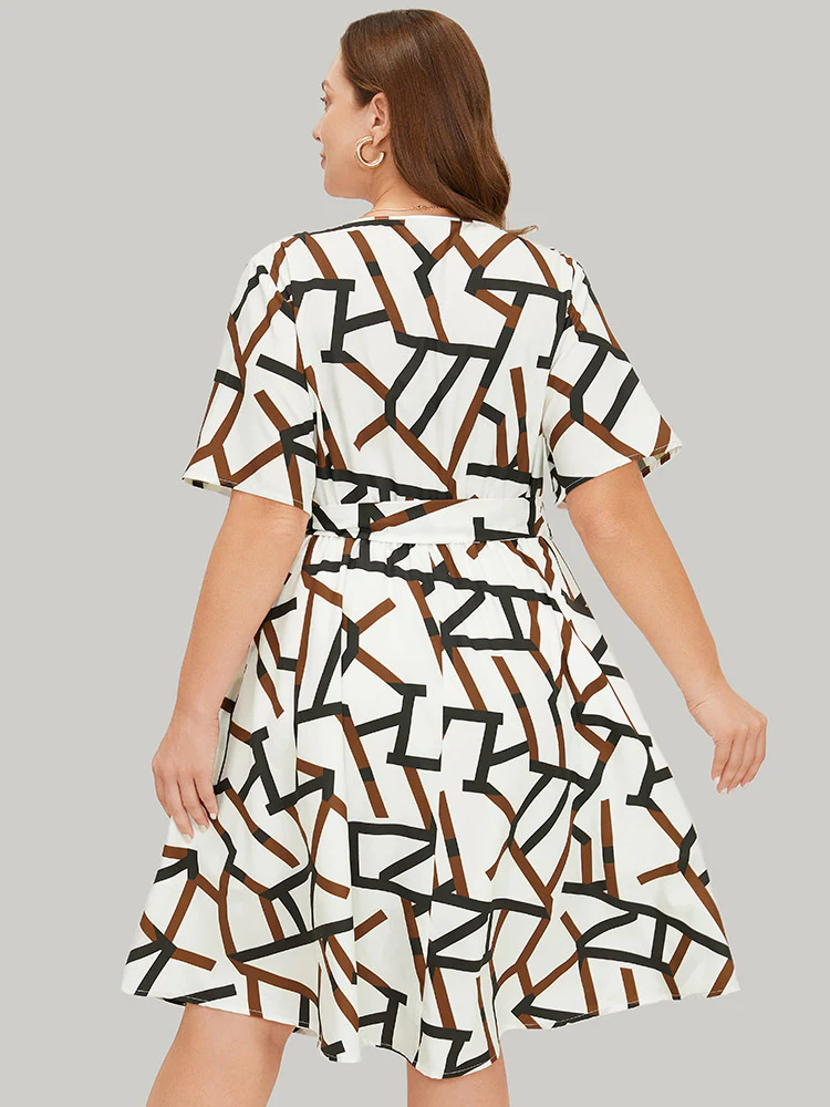 Geometric Print Pocket Ruffles Keyhole Neck Dress - Image 6