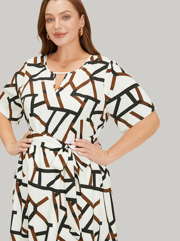 Geometric Print Pocket Ruffles Keyhole Neck Dress - Image 7