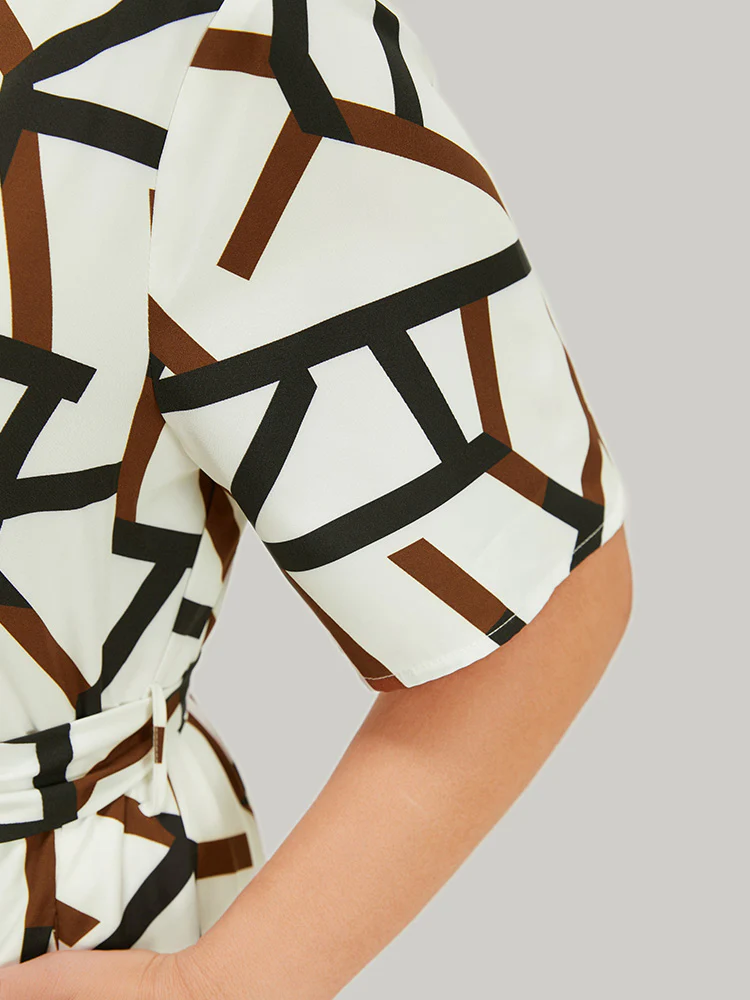 Geometric Print Pocket Ruffles Keyhole Neck Dress - Image 9