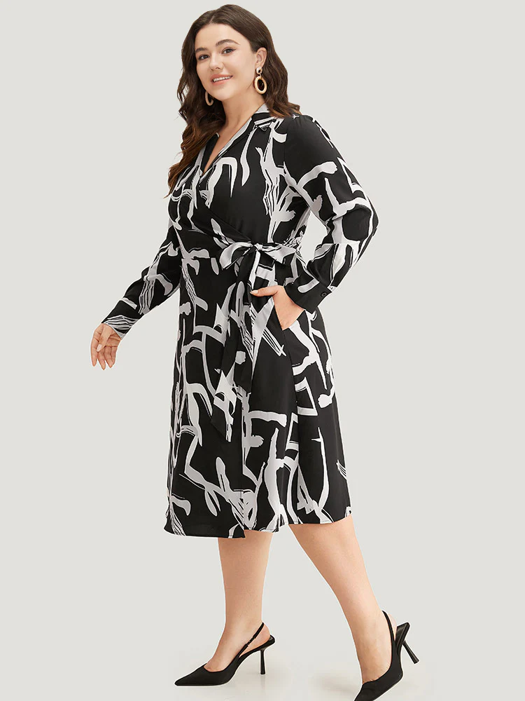 Geometric Print Pocket Wrap Ties Dress - Image 3