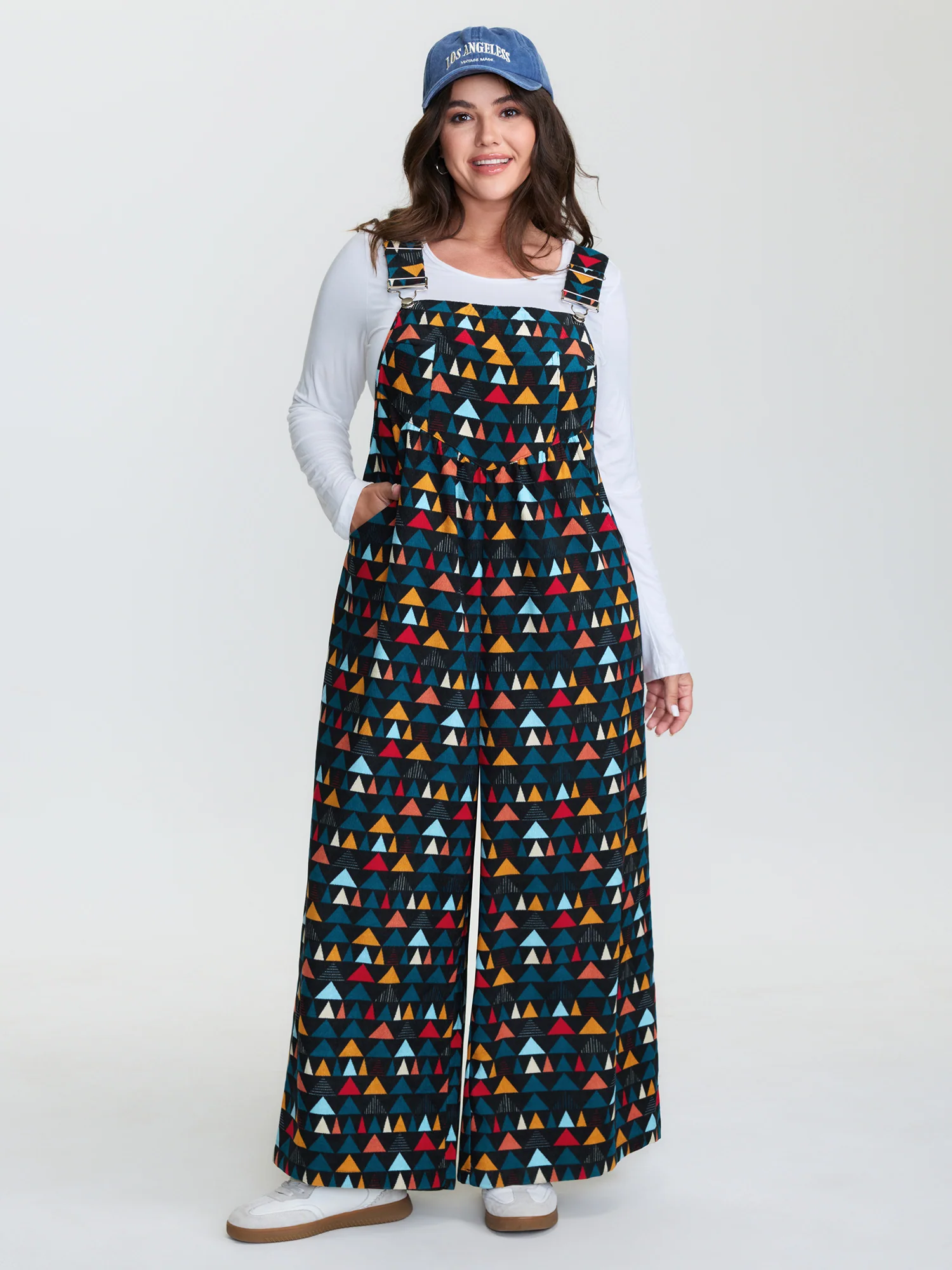 Geometric Print Pockets Adjustable Overall Jumpsuit