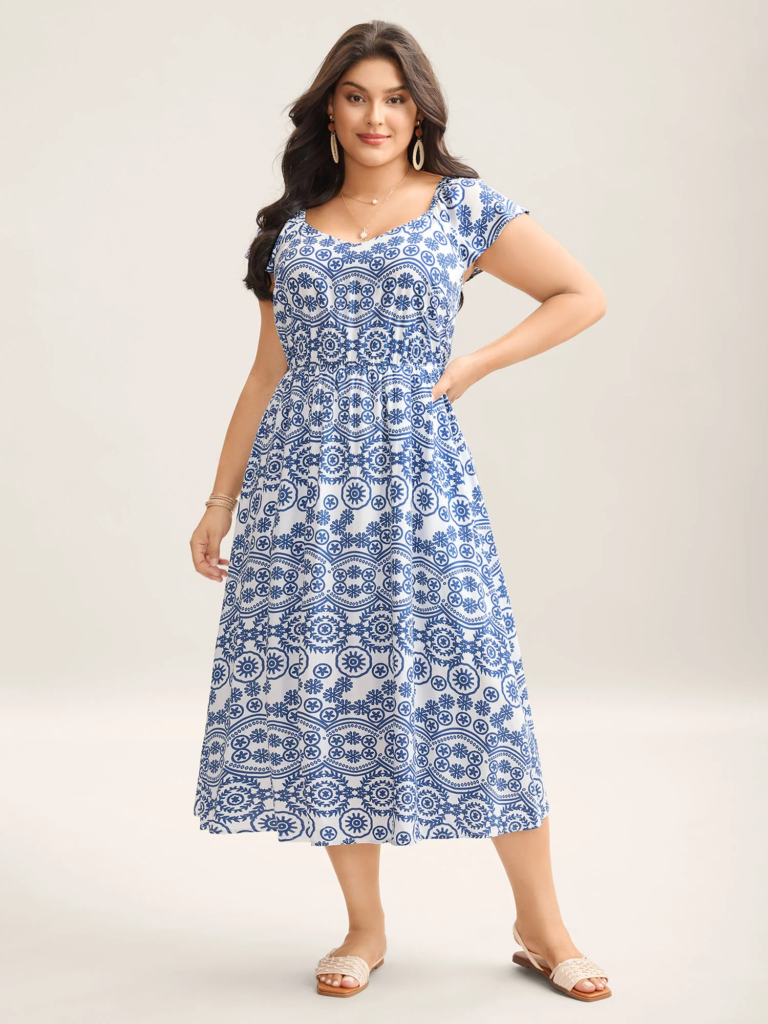 Geometric Print Pockets Flowy Midi Dress - Image 4
